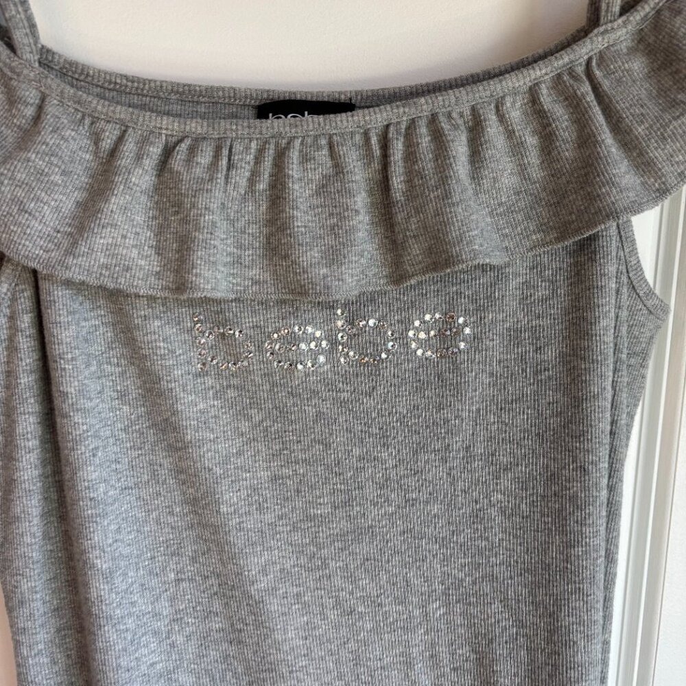 Bebe Mini Dress Gray Womens‎ Large Ruffle Off Shoulder Rhinestone Logo Ribbed - Picture 5 of 8